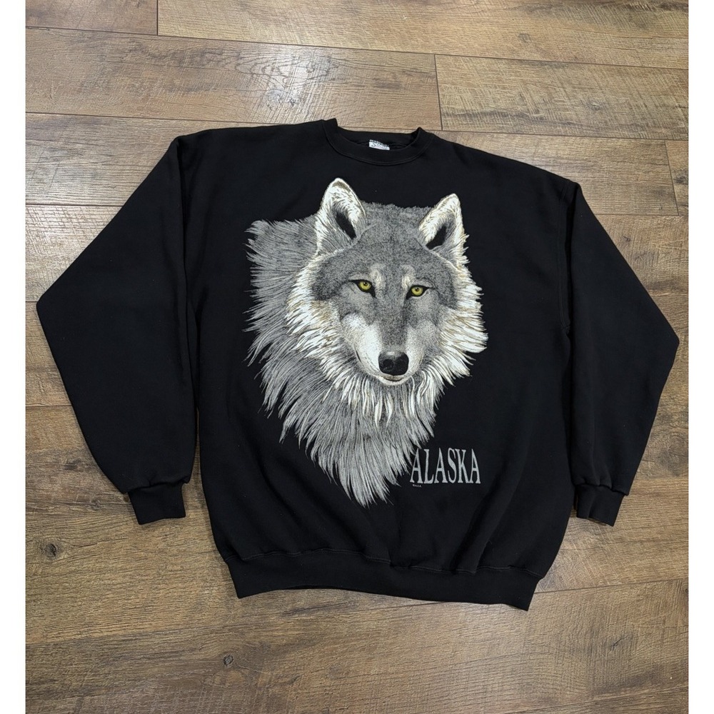 Vintage 90s Alaska Wolf Big Graphic Crewneck Sweatshirt‎ Made In USA XXL Black